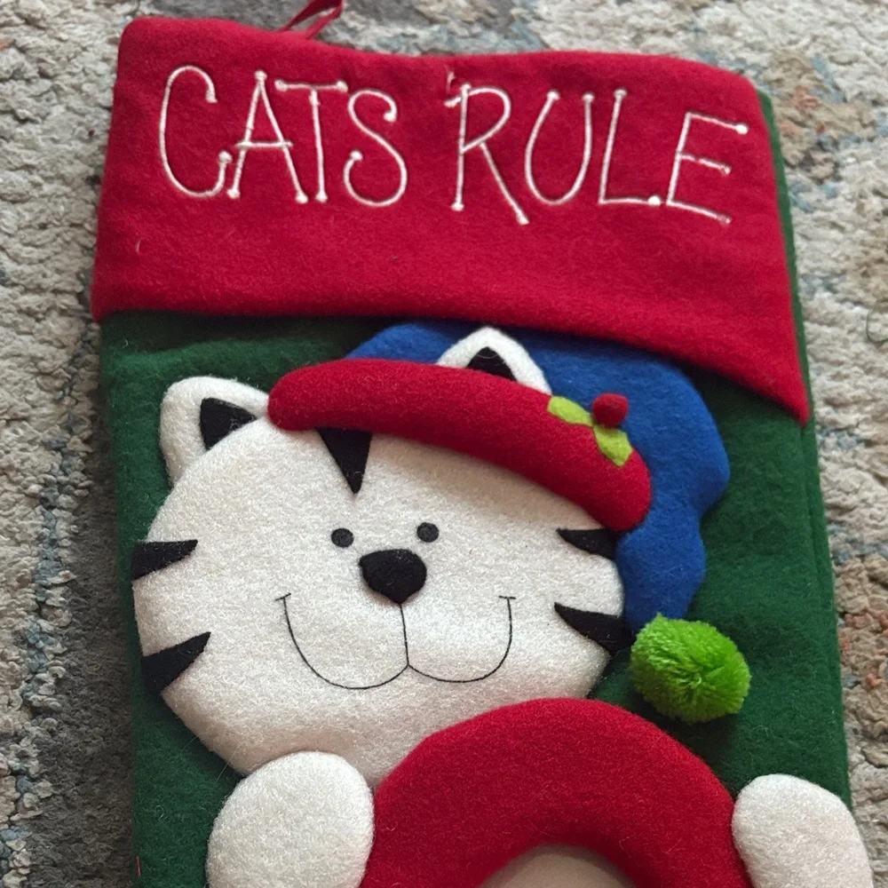 Festive Cat Christmas Stocking - Green and Red